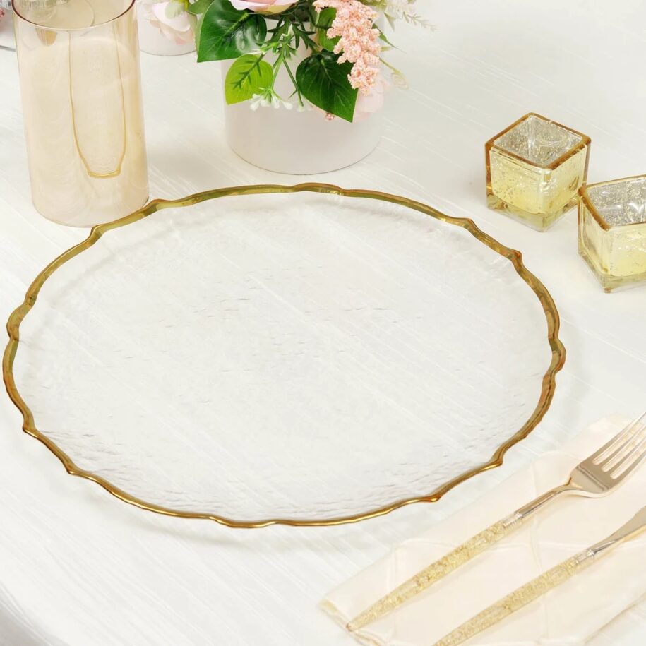 PLATO DE SITIO FLOR TRANSPARENTE FILO DORADO DE VIDRIO(Caja de 12 unidades) - Imagen 3
